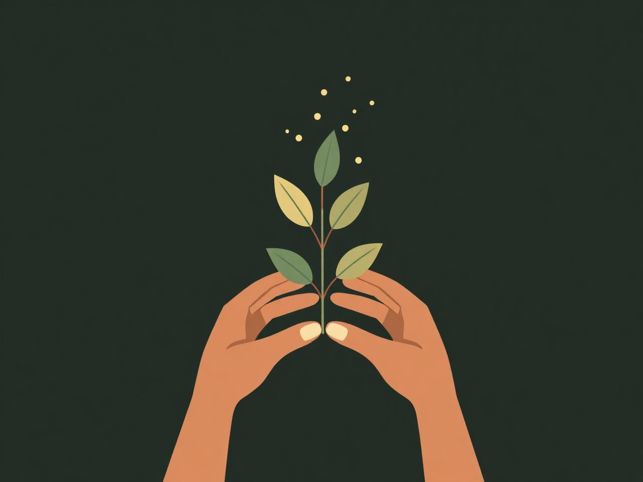 Illustration of a hand holding a growing plant made of connected points of light